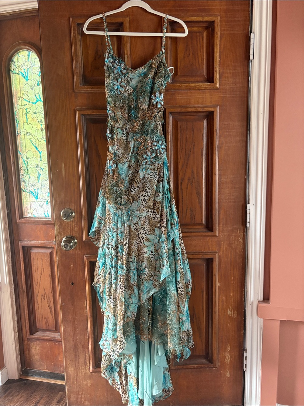 Teal Y2K Alberto Makali Animal-Print Asymmetrical Silk Dress